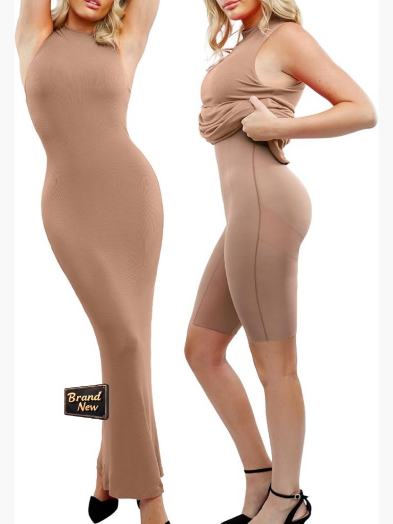 Maxi Bodycon Dress Built-In Shapewear Mock Neck Sleeveless Summer
